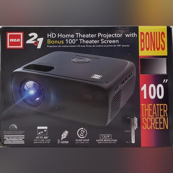 RCA 2 IN 1, HD Home Theatre Projector With Bonus 100" Theater Screen - Picture 1 of 1